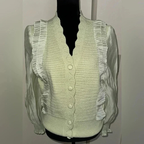 Cocobleu Mint Green Ruffle Sheer Wings Cardigan Sweater - Size M - Picture 3 of 8